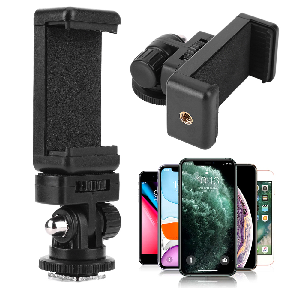 Camera Flash Hot Shoe Mount Adapter Phone Tripod Holder Clip w/ Cold Shoe Mount for iPhone Samsung Canon Nikon Sony DSLR