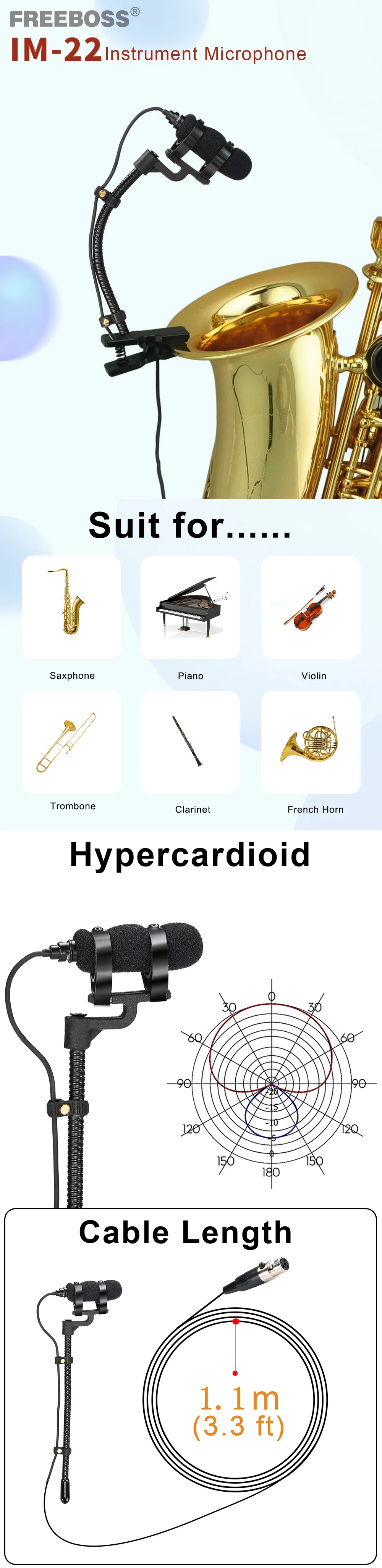 Professional 3 Pin 4 PIN XLR Violin Microphone 3.5mm Portable Condenser Musical Instrument Mic for Wind Sax Piano Clarinet IM-22