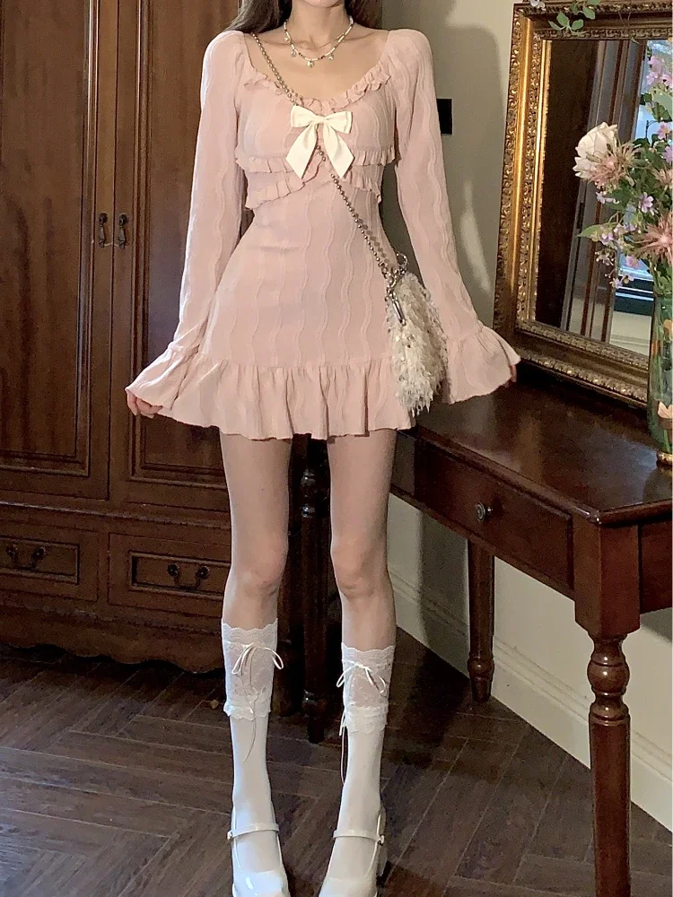 2025 New Pink Sweet Slim Y2k Mini Dress Woman French Elegant Flare Sleeve Dress Party Casual One Piece Dress Korean Fashion 3