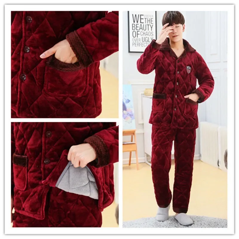 2024 New Pajama Men Winter Quilted Loungewear Plus Thick Velvet Sleepwear Three Ply Cotton Flannel Nightwear Warm Homewear Suit