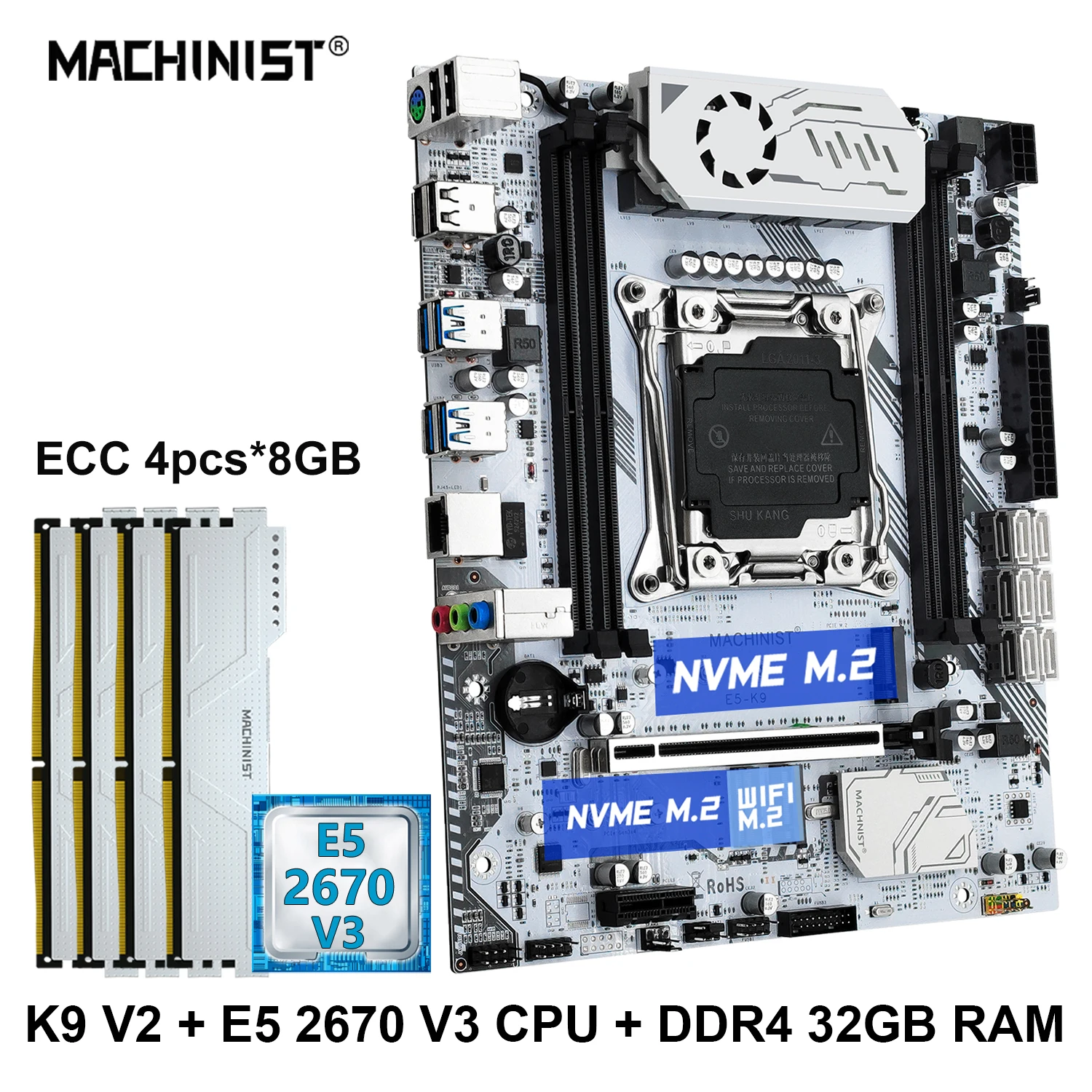 MACHINIST 마더보드 키트 세트, LGA 2011-3 xeon CPU E5 2670 V3 DDR4 4*8GB RAM 메모리, usb3.0 M.2 NVME SSD 4 채널, X99 K9 V2