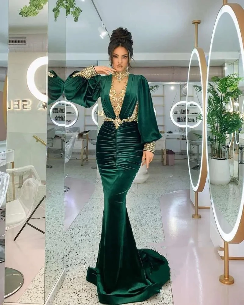 

High Neck Mermaid Evening Dresses Emerald Green Long Puffy Sleeves Trumpet Arabic Prom Dresses Gold Appliques Beads Illusion For