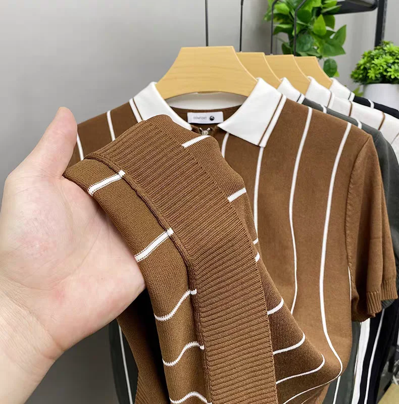 High quality summer knitted short sleeve polo shirt fashion half zipper lapel T-shirt vertical stripes comfort casual men's wear 16 S2603fb34182746f6b75a89a9493c2a9dH