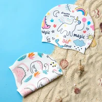 Kids Cartoon Printed Swimming Cap Elastic Silicone Water Sport Ear Hair Protect Pool Bathing Hats Boys Girls 1