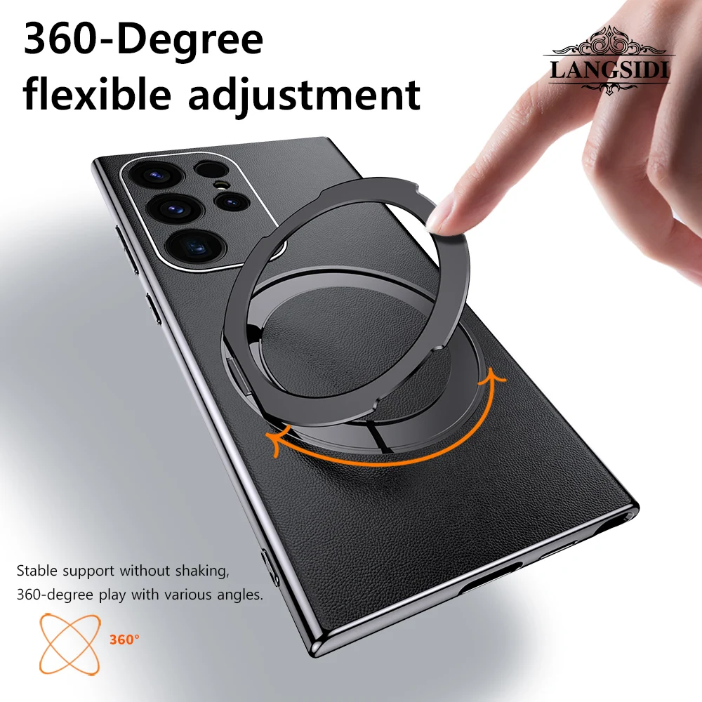 LANGSIDI Original Leather Wireless Magsafe Cover For Samsung Galaxy S24 Ultra s23 plus Military Shockproof Metal ring stand case