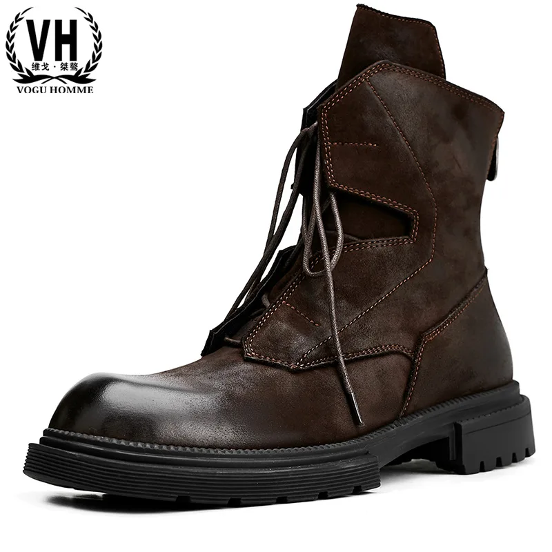 Motorcycle Boots Men High-top Platform Leather Boots Winter Fleece