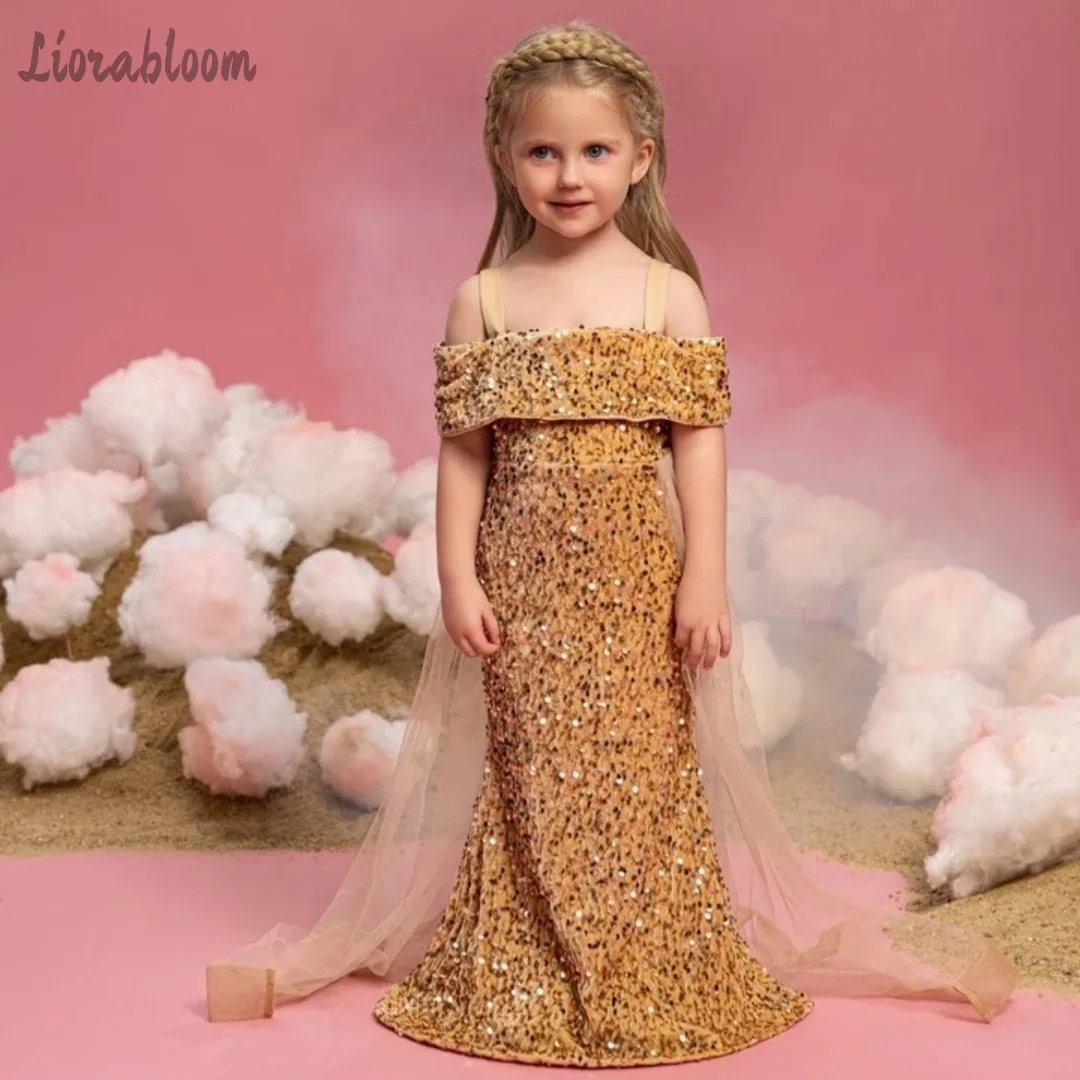 Girls' Exquisite Sequin Gown Custom Multi-Color Spaghetti-Strap Maxi Dress Off-Shoulder Flower Girl Dress Wedding Attire