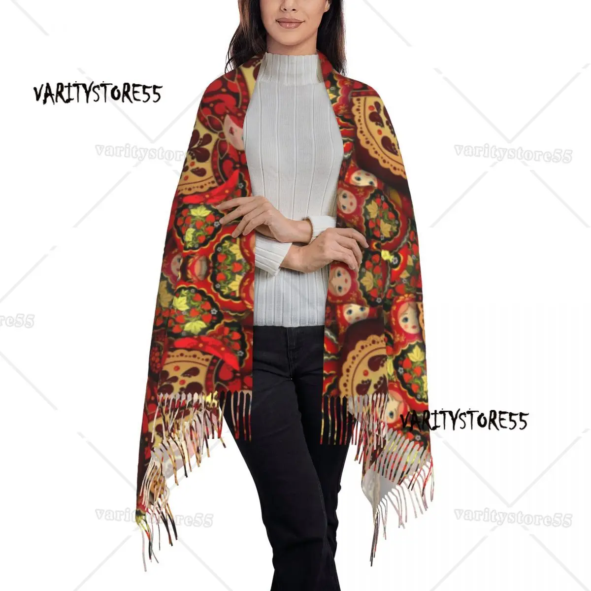 Russia Matryoshka Doll Tassel Scarf Women Soft Russian Folk Art Babushka Pattern Shawls Wraps Lady Winter Scarves