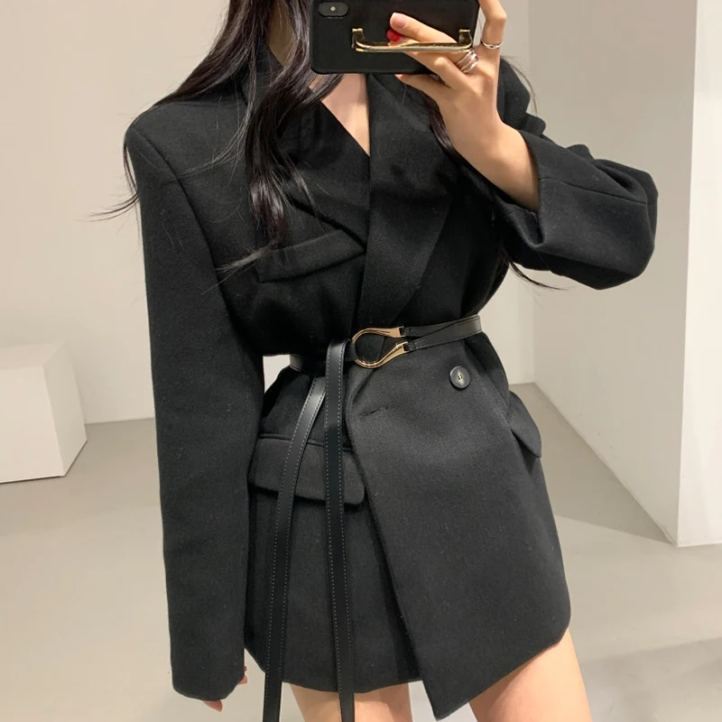 Autumn Winter Women Short Coat with Belt Long Sleeve Thick Turn-down Collar Double Breasted Minimalist Korean Ladies Jacket