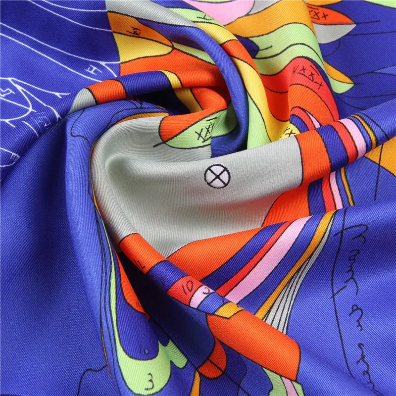 90CM Manual Hand Rolled Twill Silk Scarf Women Timpani Print Square Scarves Echarpes Curled Foulards Femme Wrap Bandana Hijab