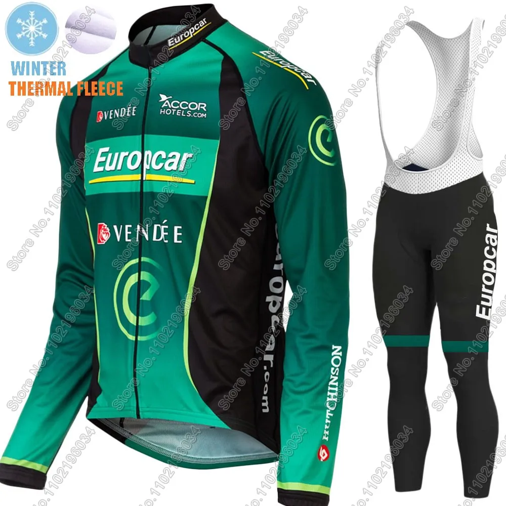 Winter Europcar Cycling Jersey Set Men Long Sleeve Green Thermal Fleece Clothing Suit MTB Bike Road Pants Bib Maillot