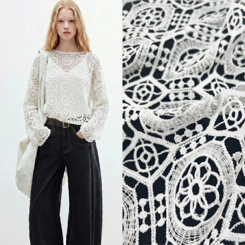 White Lace Fabric Embroidered Hollow Out Design Handmade DIY Home Sewing Craft Material Summer Dress Gown Blouse Top Wholesale 1