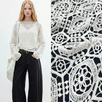 White Lace Fabric Embroidered Hollow Out Design Handmade DIY Home Sewing Craft Material Summer Dress Gown Blouse Top Wholesale 1