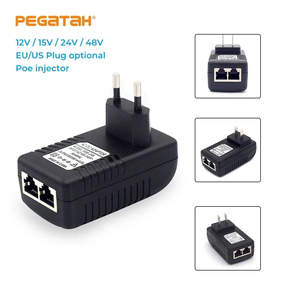 PEGATAH 패시브 POE 인젝터, IP 카메라 AP용 POE 캠 POE 어댑터용 출력, 100Mbps, 12V2A, 15V1A, 24V1A, 48V0.5A
