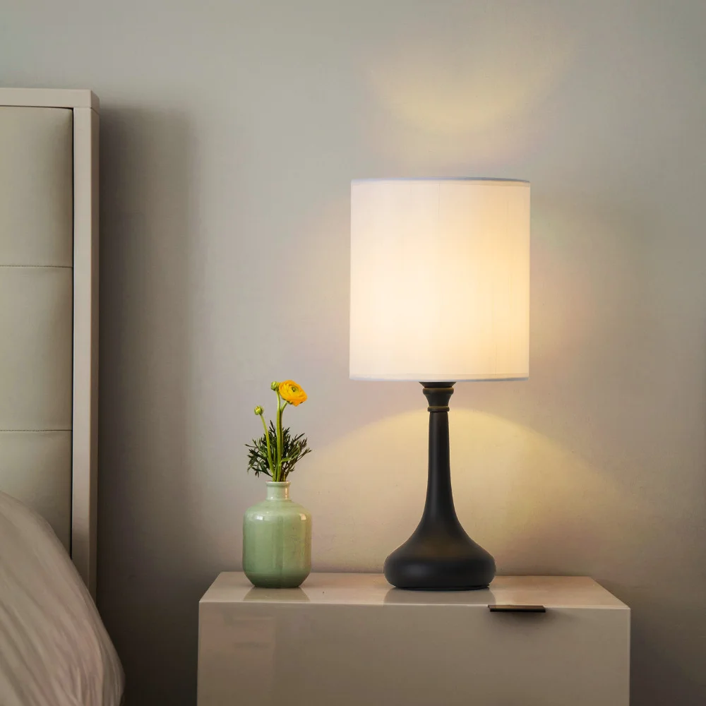 Bedside Nightstand Table Lamps, Modern Black Metal Base with Grey Linen Lampshade Desk Lamp, Small Lamp Set of 2 for Living Room 6