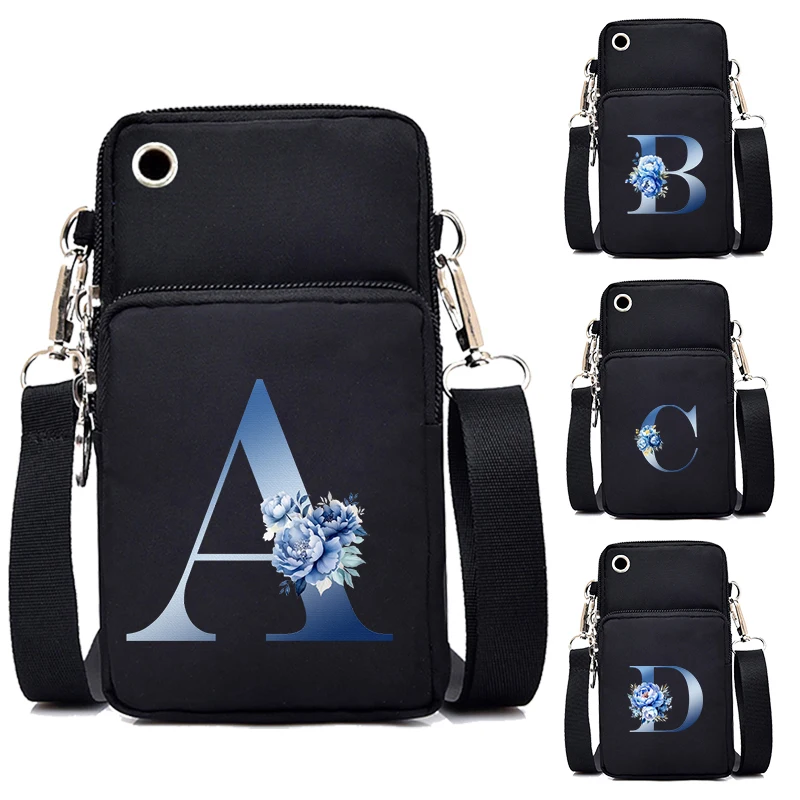 

26 Alphabet A-Z Mini Waterproof Mobile Phone Bag Blue Flower Print Lipstick Wallet Pouch for IPhone 12/13 Women CrossBody Bag