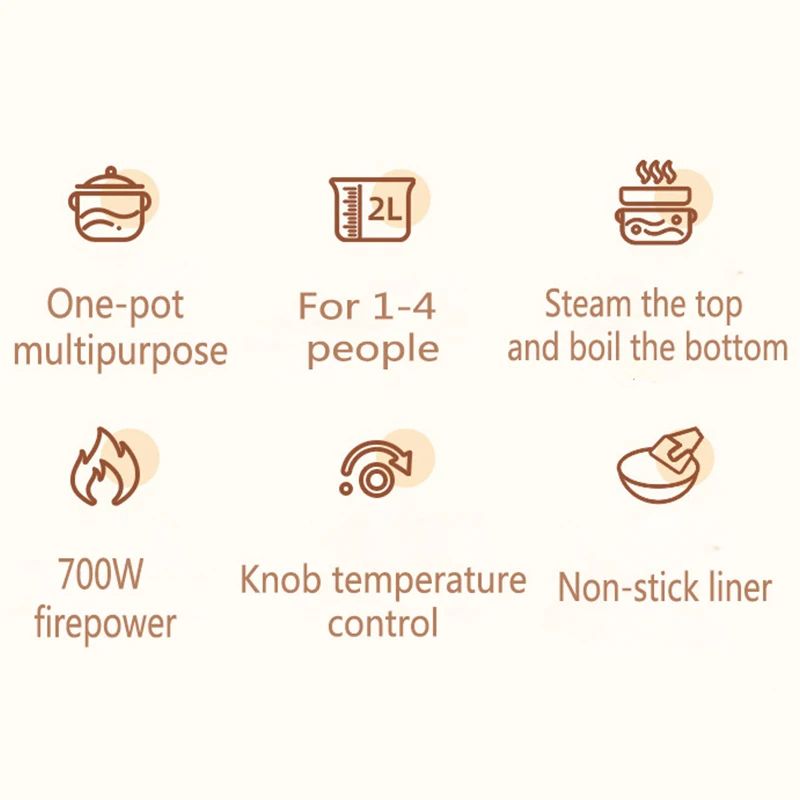 2L household multifunctional electric pot with rotary knob and steamer 2-level firepower non stick liner electric steamer
