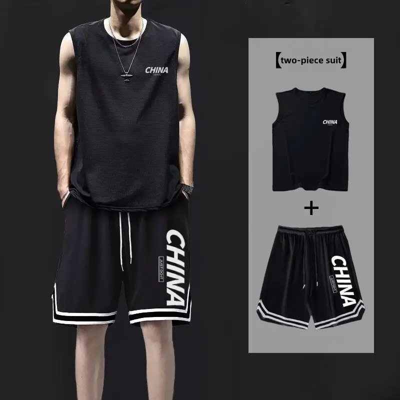 Men's Printing Sleeveless T-Shirt and Shorts Set Basketball Casual Sports Short-sleeved Shorts Workout Jogging Sports 2Piece Set