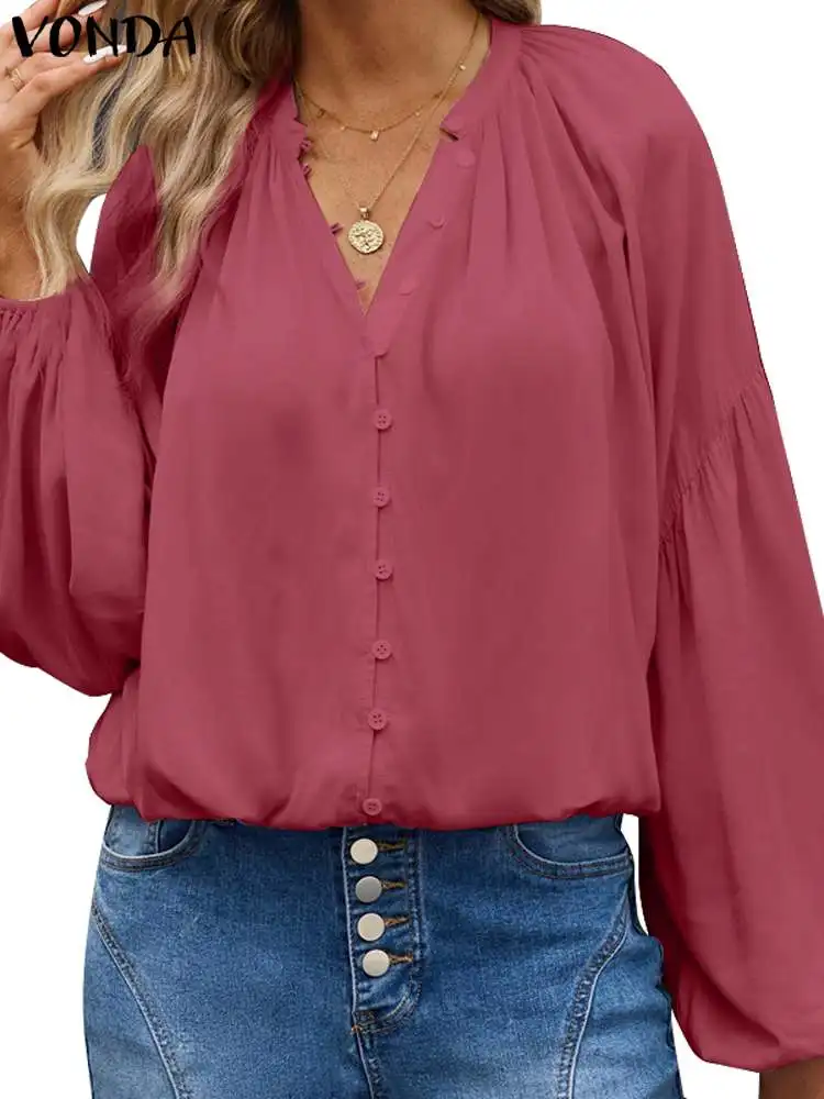 

VONDA 2024 Women Fashion Blouse Casual Solid Color Shirts Fashion Long Sleeve Party Tops Autumn V Neck Tops Lantern Sleeve Blusa