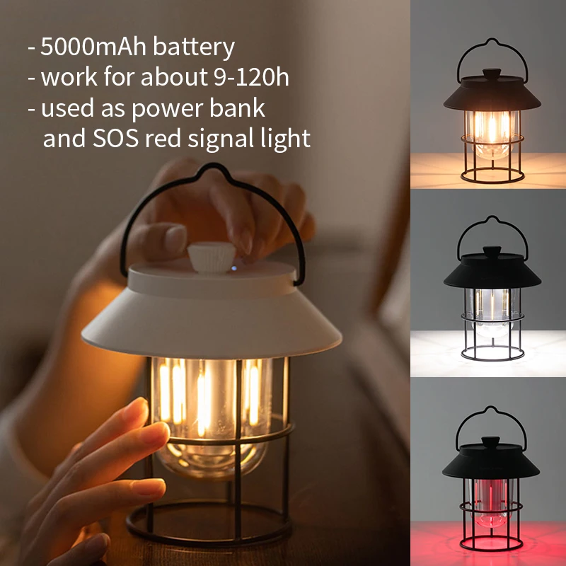 

2023 Portable Retro Camping Lantern Outdoor Hanging Tent Light Rechargeable Metal Handle Flashlight Vintage Warm White Light