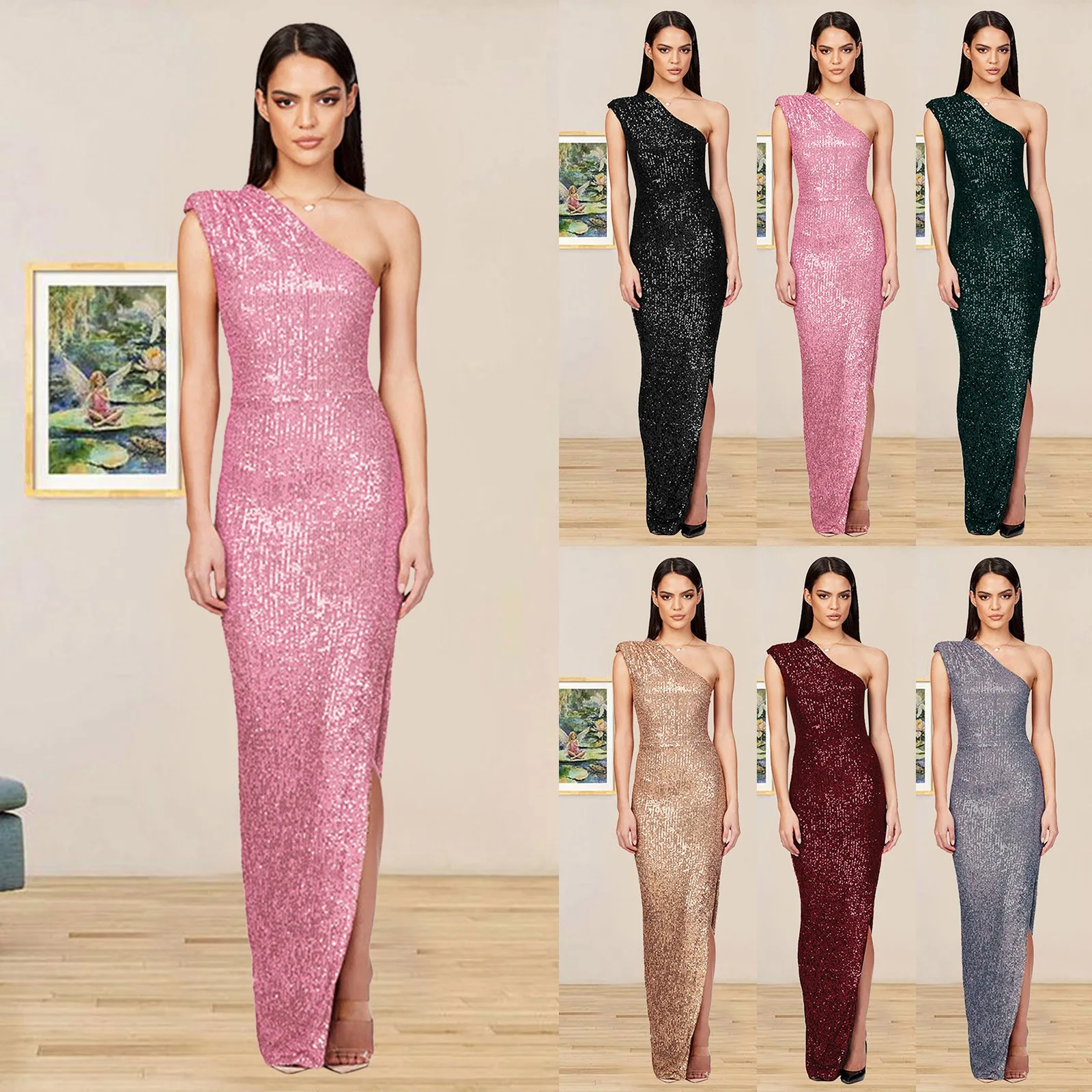 

Women's Sleeveless Off Shoulder Sequin Dress Slit Slim Long Dress Evening Dresses for Women Elegant
