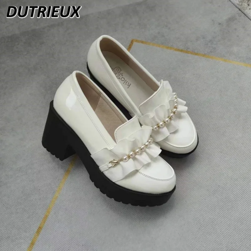 

Women's High Heel Leather Shoes 2024 New Spring and Autumn All-Matching Loafers Fashion Platform Heels Sweet Cute Lolita Pumps