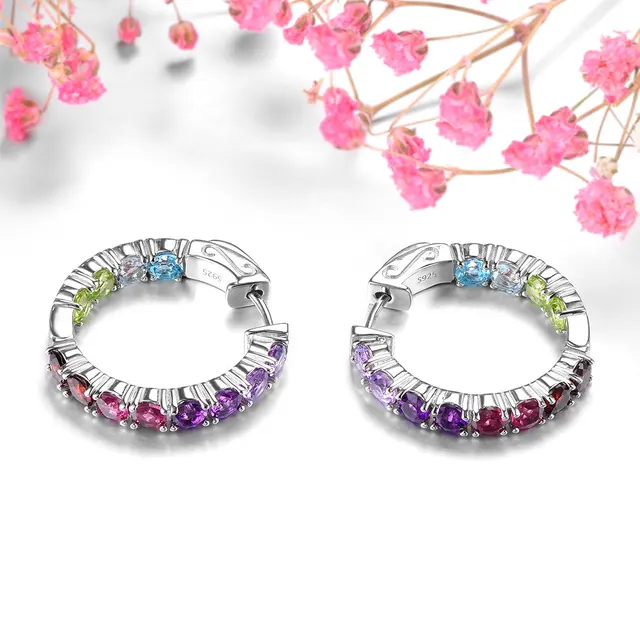 Colorful Gemstone - Sterling Silver - Clip Earring 5 Carats - Genuine Garnet Amethyst 4