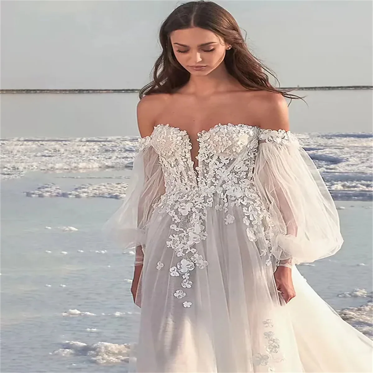 

A-Line Beach Formal Wedding Dresses Court Train Long Sleeve One Shoulder Lace With Appliques 2023 New Bridal Gowns 웨딩드레스