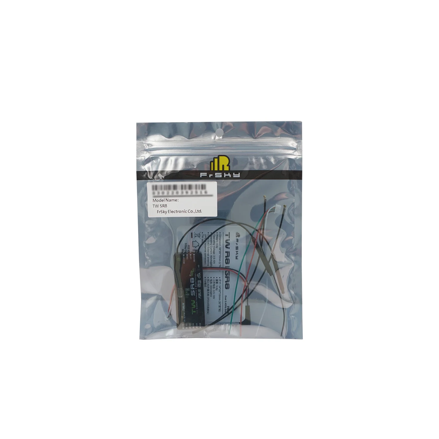 Récepteur FrSky TW SR8 TWIN 2.4G avec stabilisateur ADV, vue latérale montrant les ports