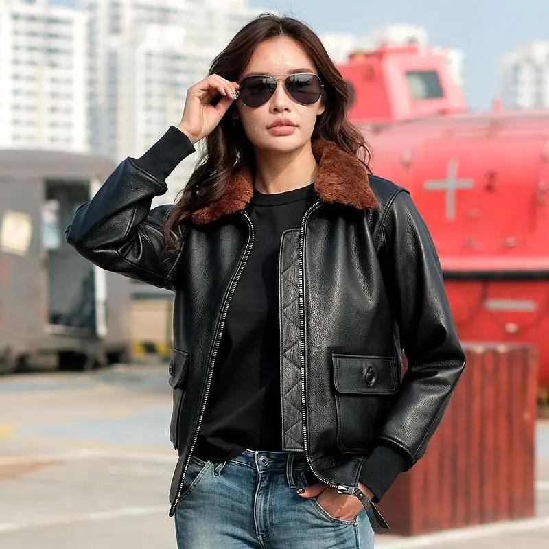 Dark Brown G1 Pilot Leather Jacket Women Military Style Plus Size