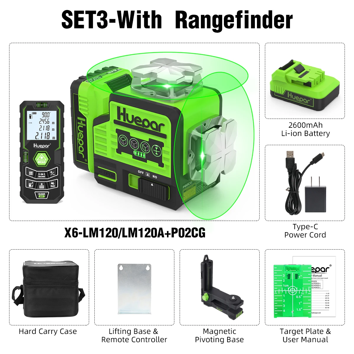 P02CG 8 Lines Laser Level Green Beam Self-Leveling Cross Line 360° Laser Level T