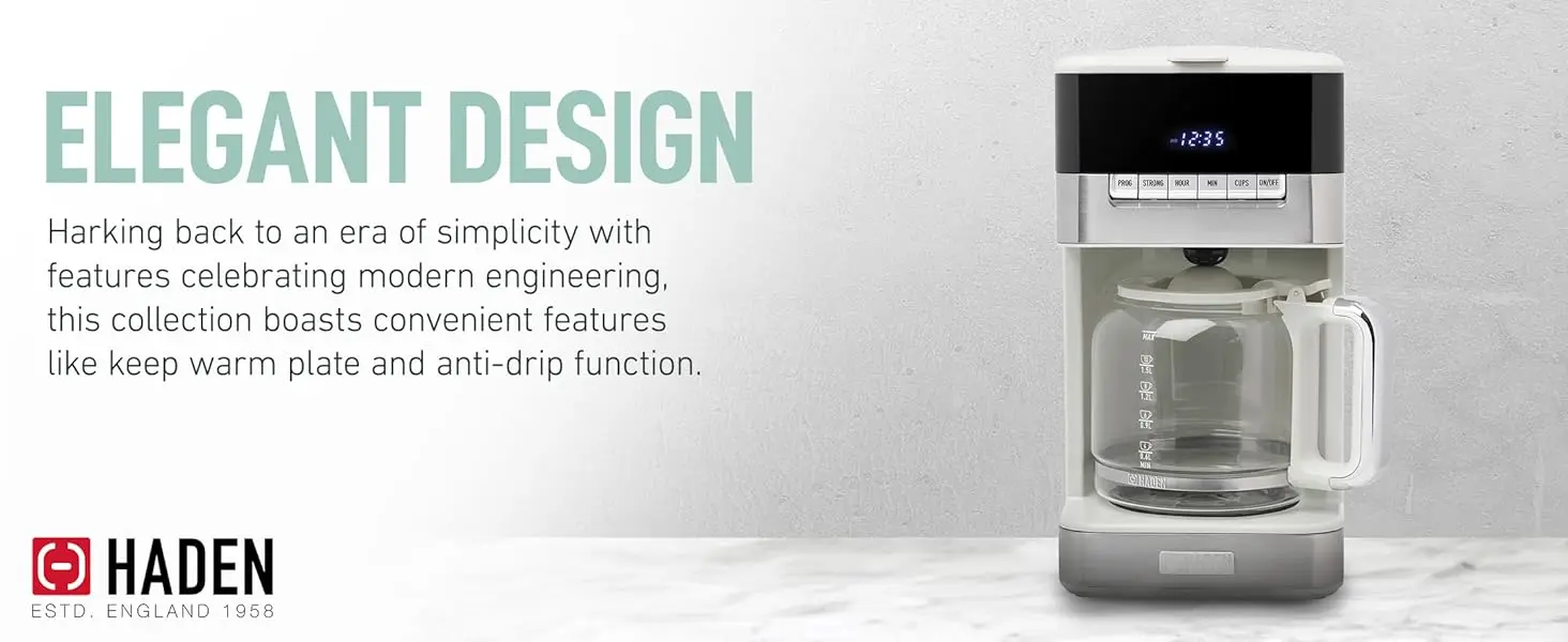 Haden Quintessential 12 Cup Programmable Digital Coffee Maker, Ivory/Chrome