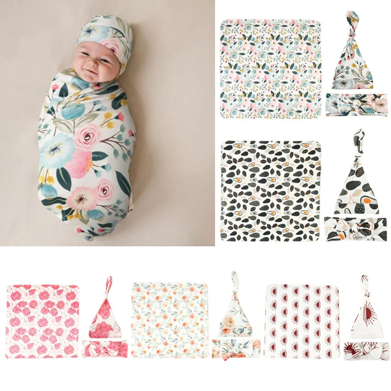 3pcs/set Floral Baby Blanket+Turban Beanie Cap+Headband Baby Girls Boys Swaddle Wrap Blanket Newborn Photography Props