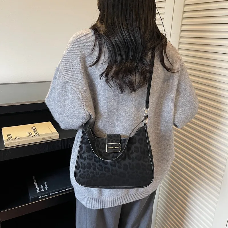 Faux Suede Leopard Print Shoulder Bag Large Underarm Bag with Adjustable Strap Crossbody Bag for Women Work Shopping Travel