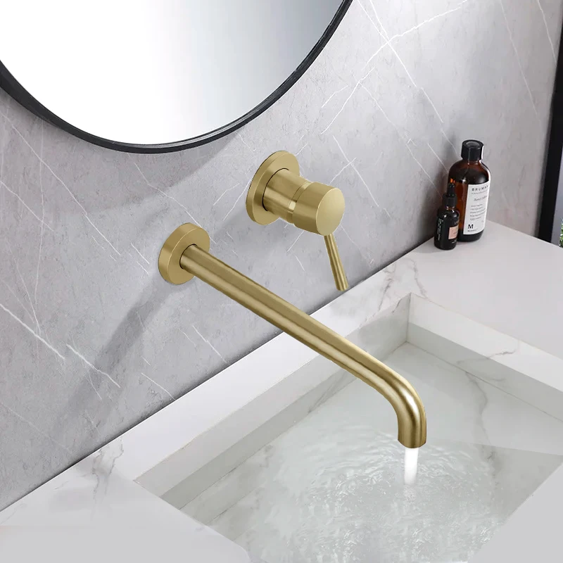 

Brushed Gold Basin Faucet Wall Mounted Bathroom Sink Hot and Cold Water Mixer Tap Single Handle Embedded Basin Taps Crane