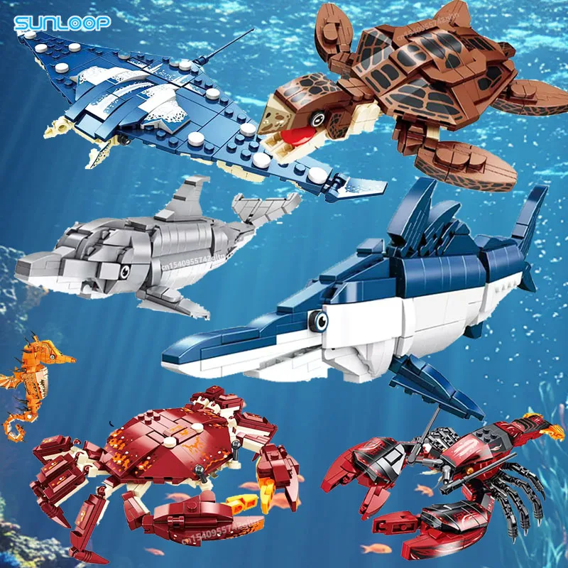 Meereslebewesen-Bausteine für Kinder: Krabben-Puzzle, Hummer, Hai, Schildkröte, Seestern, Wal-Modell-Spielzeug für Schüler
