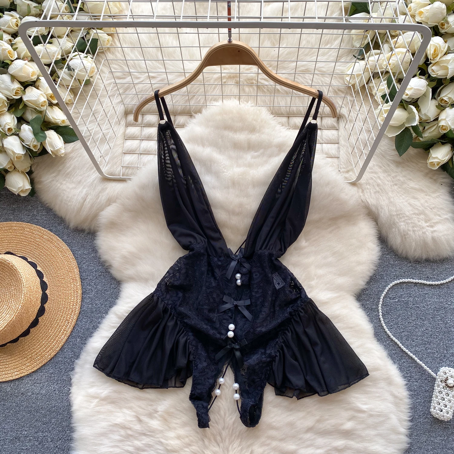 Lace Patchwork High Split Women Dress Sleeveless Slim Fit Halter Neck Dress Cosplay Nun Uniform Erotic Pajamas Hollow Out Dress