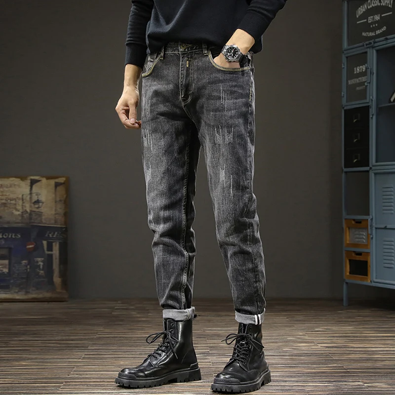 Fashion Designer Men Jeans Retro Black Gray Elastic Slim Fit Ripped Jeans Men Cotton Trousers Vintage Casual Denim Pants Hombre
