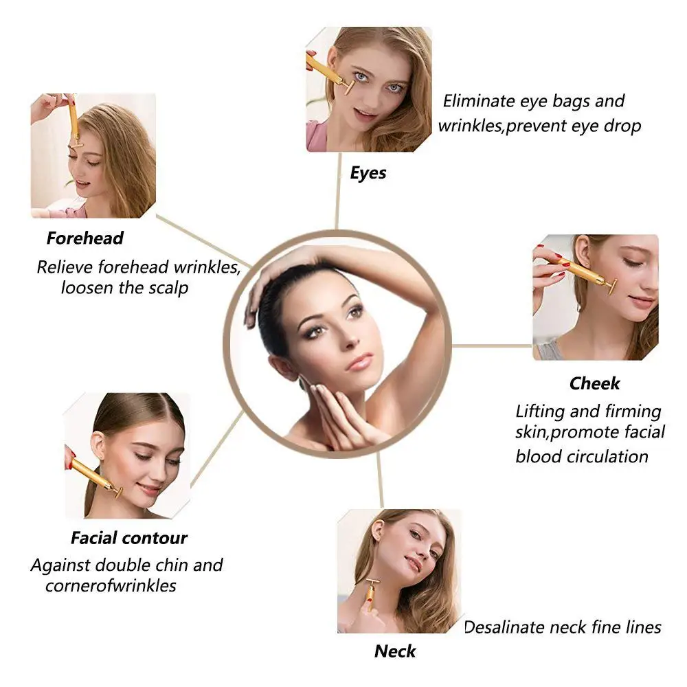 24k Golden Facial Roller Massager T Shape Vibrating Face Lifting Energy Beauty Bar Body Skin Massage Device Face Care Tools 5