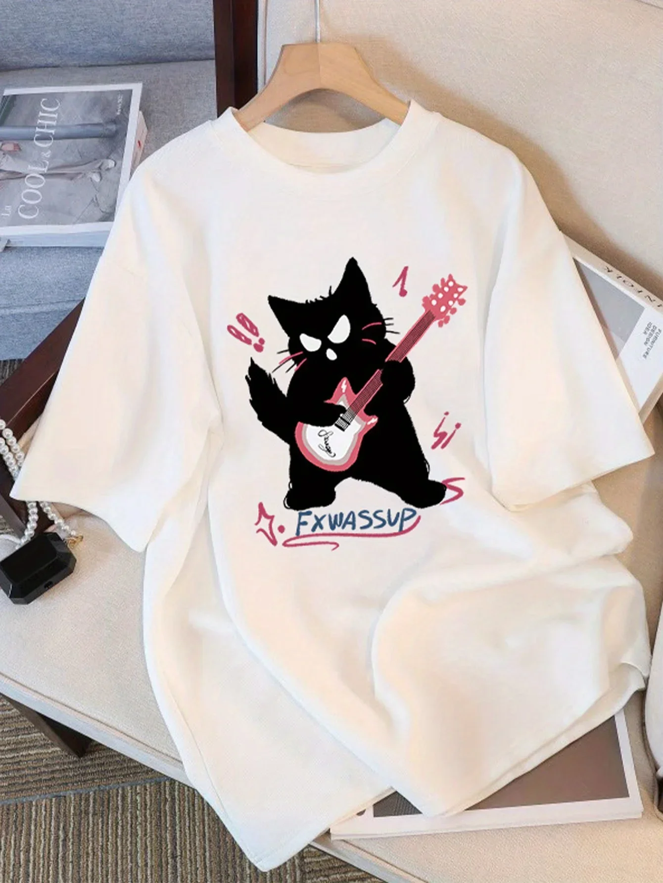 Women's T-Shirt Rock Cat Print Short Sleeve T-Shirt Crew