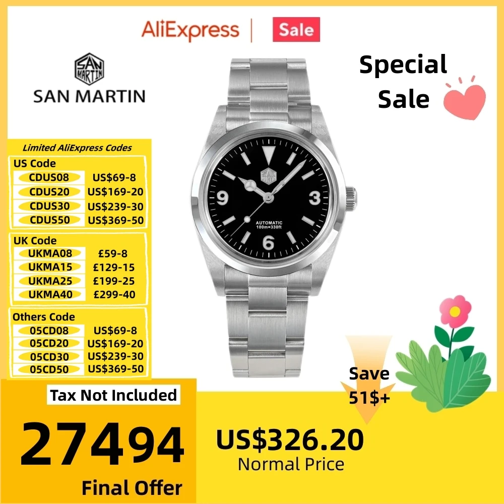 San Martin Watch Automactic Mechanical Waterproof Watches For Men Luxury 36mm Explore Sport Luminous Sapphire Saat SN0021B-1