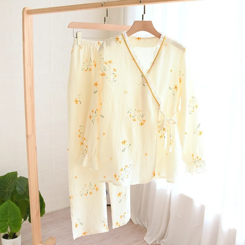 

2023 Spring Autumn New Crepe Kimono Long Sleeve Home Clothes Female Sleepwear Gauze Cotton V-Neck Home Suit Women's Pajama Set