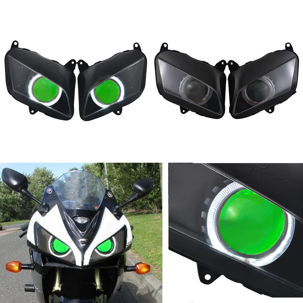 

Motorcycle Custom HID Bi-Xenon Headlamp Assembly Green Angel Eyes LED Headlamp Faros Led Moto Farol For Honda CBR600RR F5 07-12