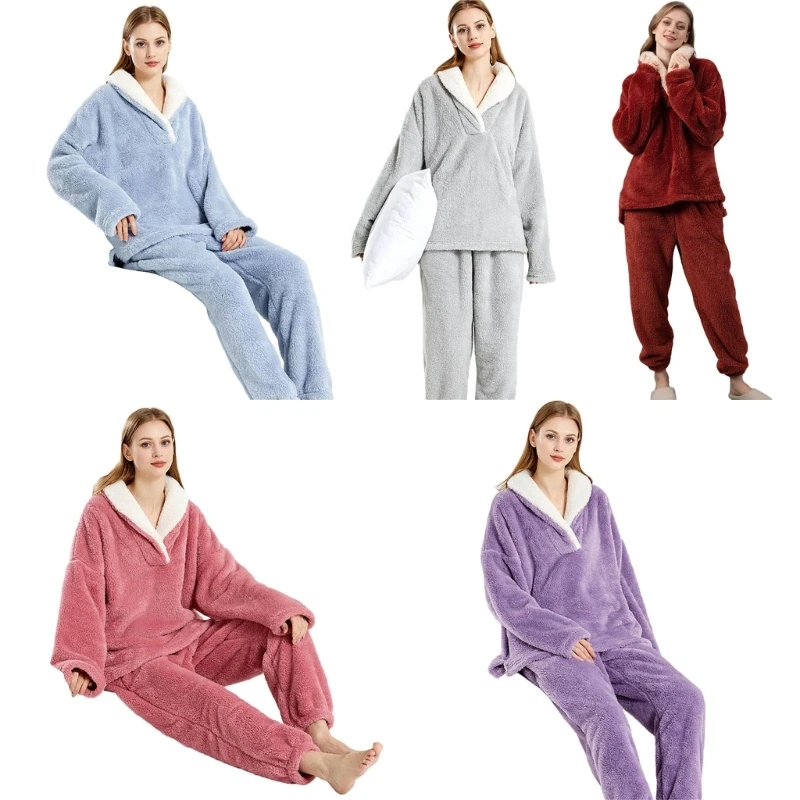 

Women's Coral Fleece Pajamas Flannel Sleepwear Soft Pajamas Set Winter Warm Loungewear 2 Piece Long Sleeve Pj Set