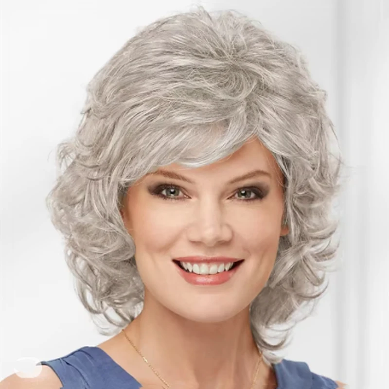 HAIRJOY-pelucas de pelo sintético para mujer, pelo corto rizado con flequillo, longitud de hombro, marrón, Rubio, gris, blanco