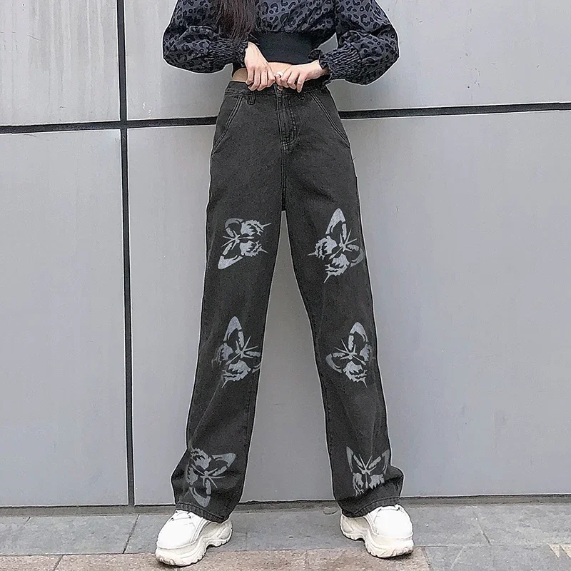  New Butterfly Pattern Loose Denim Pants Ladies Korean Fashion High Waist Wide Leg Pants Casual Loose Oversize Streetwear ladies jeans high waist loose straight pants 2022 cartoon printed zipper casual women s pants oversize casual denim pants