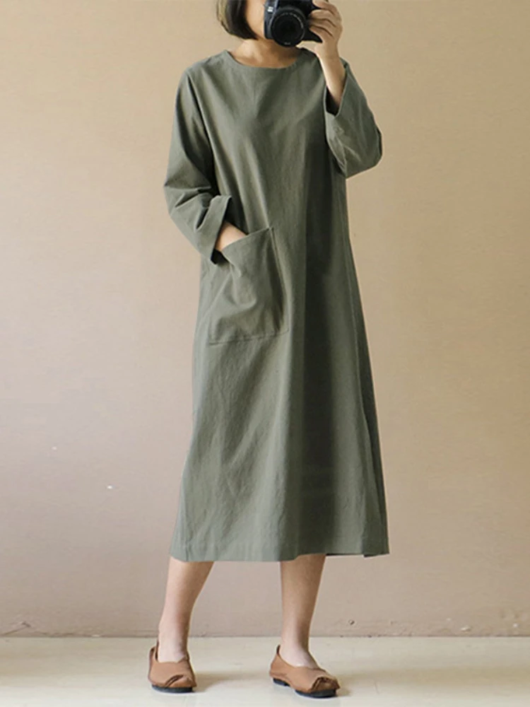 

Свободное женское платье из хлопка и льна, с длинным рукавом