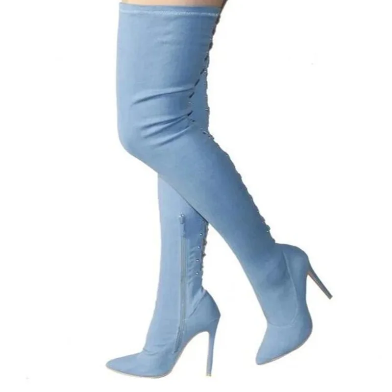 

Sexy Womens Thigh High Boots Pointed Toe Blue Denim Jeans Women Over Knee High Boots Cut-out Lace-up Zipper Sock Boots Plus Size