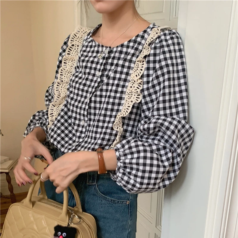 Korean Style Plaid Shirts Women Vintage Sweet Patchwork Lace Long-sleeved Shirts Office Lady Daily Basics Autumn Female Tops