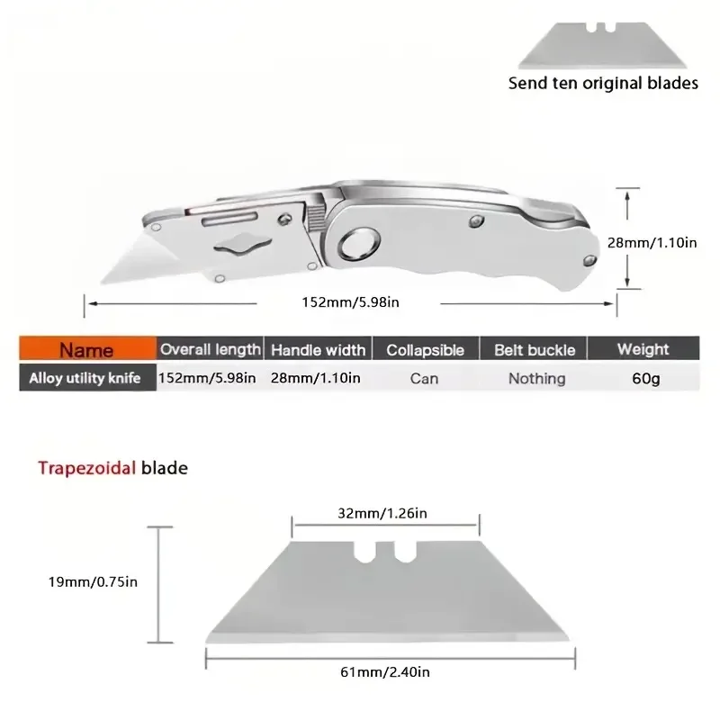Allzweckmesser, Klappmesser, Aluminium-Kunststoffgriff, Taschenkabelschneider, robust, geschnitten, Teppichmesser, Klinge mit Schloss, tragbares Set – Detail 2